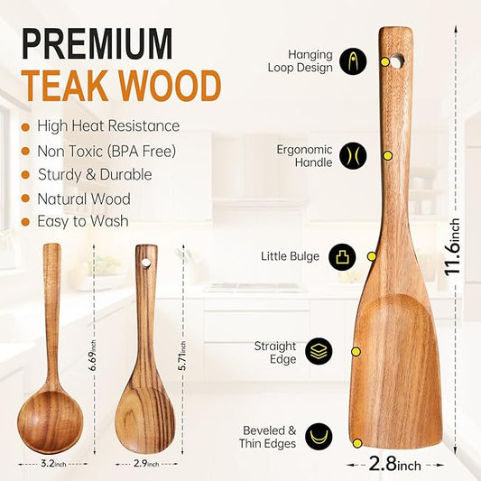 Wooden Spoons for Cooking, Wooden Utensils for Cooking Natural Teak Wooden Kitchen Utensils Set Comfort Grip (3 PCS)