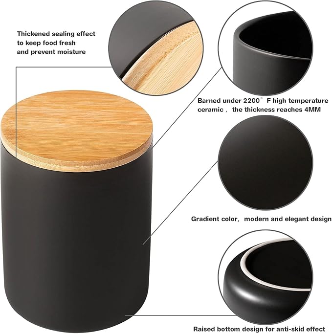 Yangbaga Black Canisters for Kitchen-Kitchen Canisters for Countertop with Airtight Wood Lids/Spoons/Stickers,Ceramic Kitchen Storage Containers for Large Flour,Suger,Coffee(32 OZ