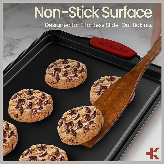 Baking Set – 6 Piece Kitchen Oven Bakeware Set – Deluxe Non-Stick Black Coating Inside and Outside – Carbon Steel – Red Silicone Handles – PFOA PFOS and PTFE Free by Bakken