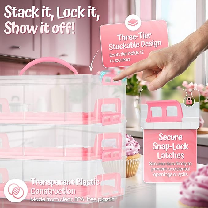 Flexzion 36 Cupcake Carrier 3 Tier Stackable Storage Container Collapsible Cake Carrier with Lid and Handle, Reusable Rectangular Plastic Dessert Travel Container, Display Holder Transport Box (Pink)