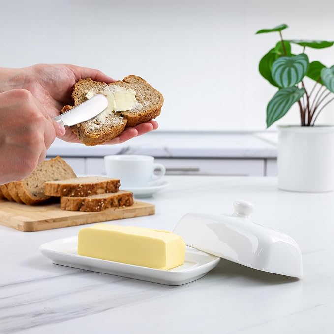 Zulay Butter Dish With Lid For Countertop - Porcelain White, Ceramic Butter Dish with Knob Handle Great for Cooking - Elegant Design Butter Holder - Durable & Sturdy Butter Keeper - White
