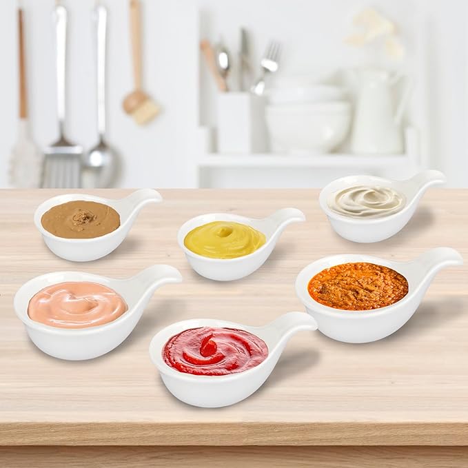 Porcelain Dipping Bowls With Handle, 3.1oz BBQ Sauce Cups, Small Side Dishes for Ketchup, Ice Cream, Desserts