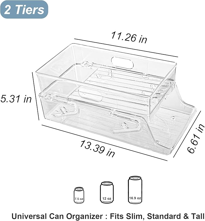 1PC Soda Can Organizer for Refrigerator & Pantry, Space Saving Auto-Rolling Stacking Can Dispenser Holds 12 Cans, Fits Skinny/Standard/Tall Cans, Clear Fridge Can Holder Storage for Kitchen, Office