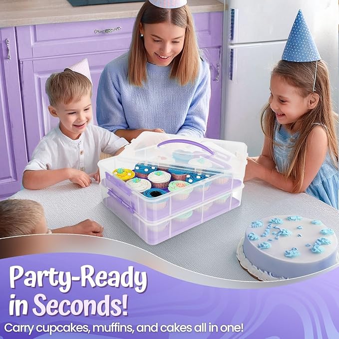 Flexzion Cupcake Carrier, Cupcake Holder for 24 Cupcakes, Portable and Reusable Rectangular Cake Carrier with Lid and Handle, 2 Tier Stackable Layer Insert (Purple)