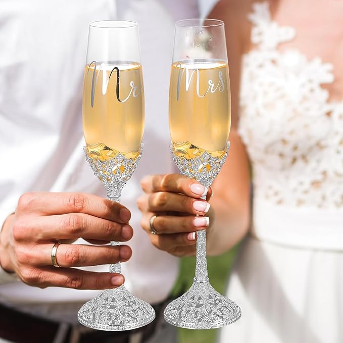 4-Piece Wedding Cake Knife and Champagne Flutes Set, Crystal Rhinestone Glasses and Cake Cutting Server for Bride and Groom Wedding Reception or Anniversary (Gold, Elegant Design) (Silver)