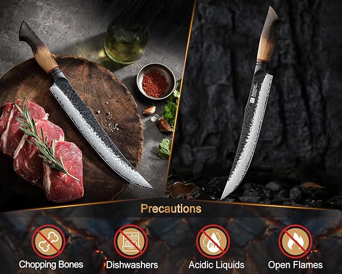 XINZUO 10 Inch Brisket Carving Knife,67-Layer Damascus Steel,Razor Sharp Curved Butcher Breaking Knives For Meat Cutting With White Oak + Red G10 Gasket Handle