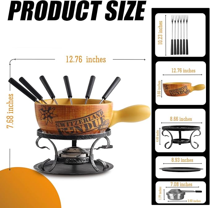 Artestia 2.11-Quart Swiss Design Ceramic Fondue Pot Set for Cheese, Chocolate Melting Pot with 6 Fondue Forks and Swiss Vintage Pattern, Perfect for 6 People, 10 Piece