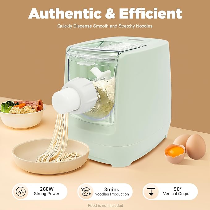 Electric Pasta Maker Machine, 260W Automatic Noodle Maker with 13 Pasta Shapes, Compact & Fast 3-Minute Pasta Machine for Home Kitchen, LED Display, Dishwasher Safe, Green