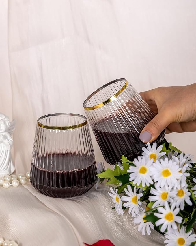 Goodluck 36 Pack 12oz Stemless Plastic Wine Glasses – Clear Ribbed Cups with Gold Rim, Fancy Reusable Disposable Drinkware for Weddings, Parties, Bars, Indoor and Outdoor Events