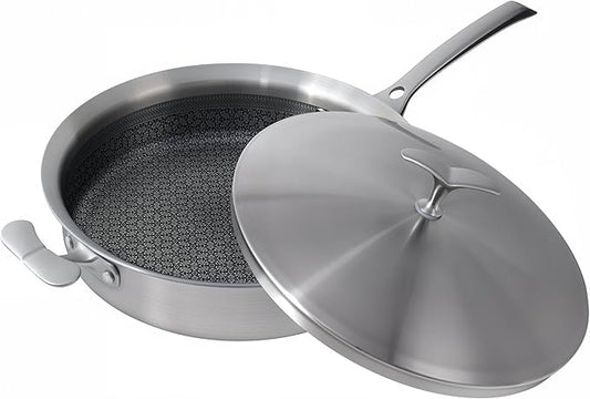 Saute Pan with Lid–12 Inch Deep Frying Pan 5.5qt for Stir-Fry & Searing,5-Ply Stainless Steel Saute Pan Nonstick Non Toxic, PTFE & PFOA Free Non Stick Skillet,Induction, Oven & Dishwasher Safe