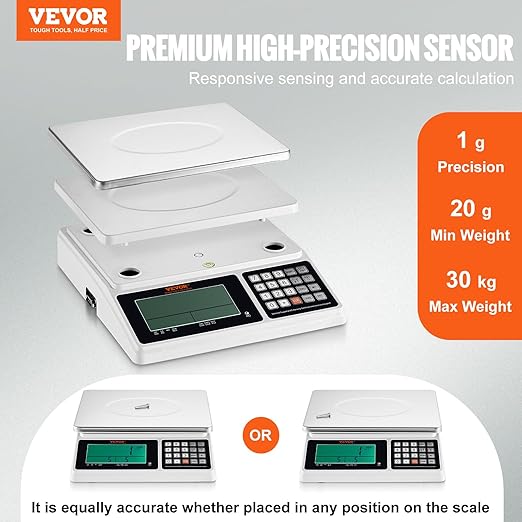VEVOR Industrial Counting Scale, 30 kg x 1 g, Digital Scale for Parts and Coins, g/kg/lb Units, Electronic Gram Scale Inventory Counting Scale Kitchen Jewelry Scale with RS232 Port and LCD Screen