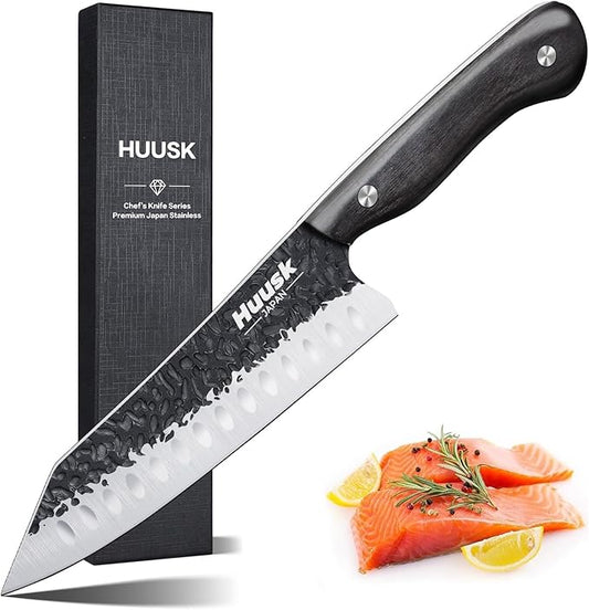 Huusk Knives from Japan Santoku knife - Hand Forged Chef Knife for Meat Cutting - Ideal Kitchen Knife Made From a Single Piece of High Carbon Steel - Full Tang Wooden Handle - Viking Gift for Men