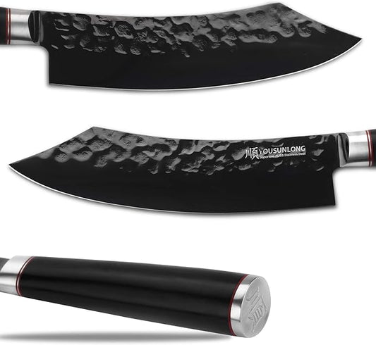 YOUSUNLONG Butcher Knife - 8 Inch Meat cleaver - Japanese AUS8 Black Titanium Nitride Coated Steel - Super Sharp - Natural Ebony Handle