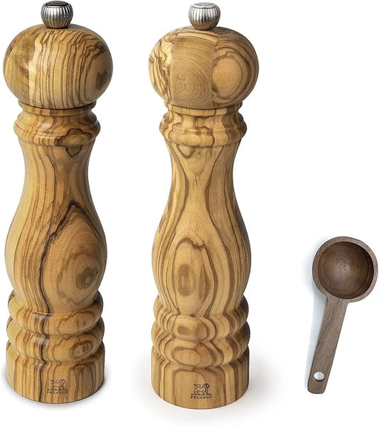 Peugeot Paris Olivier Salt & Pepper Mill Gift Set Olive Wood - With Wooden Scoop (9 Inches)