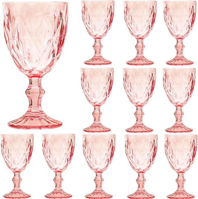 12 Pcs Vintage Wine Glasses, 10 Ounce Colored Glass Water Goblets, Unique Embossed Pattern High Clear Stemmed Glassware Wedding Party Bar Glass Drinking Cups Fancy Wine Glasses Pink Set of 12
