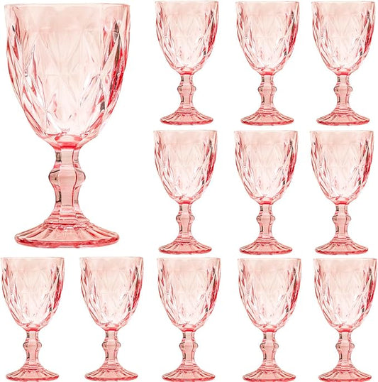 12 Pcs Vintage Wine Glasses, 10 Ounce Colored Glass Water Goblets, Unique Embossed Pattern High Clear Stemmed Glassware Wedding Party Bar Glass Drinking Cups Fancy Wine Glasses Pink Set of 12