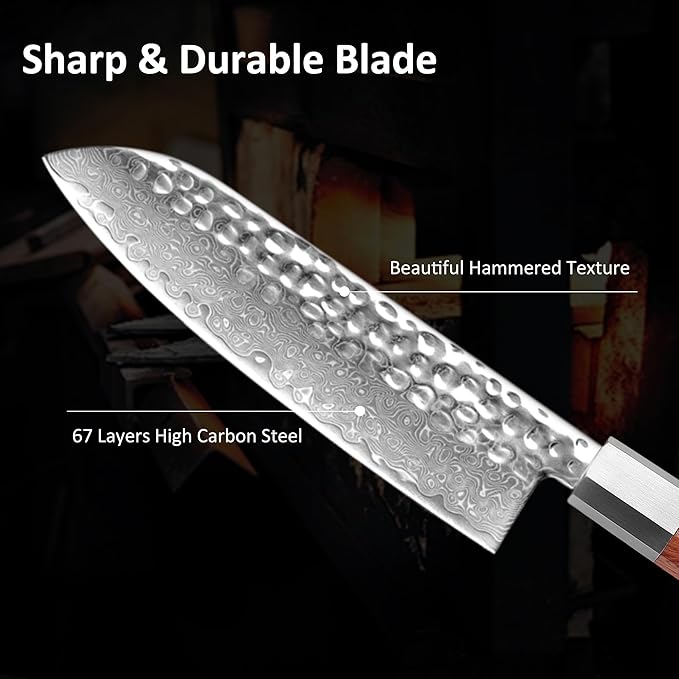 YOTSUBA 7 inch Damascus Japanese Santoku Chef Knife,High Carbon Stainless Steel Kitchen Knife,Professional Santoku Knives with Durable Ergonomic Wood Handle