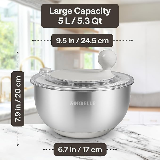Stainless Steel Salad Spinner – Large Lettuce Dryer with Non-Slip Base & Instant Stop, BPA-Free Vegetable Washer, 5.3 Qt Cream White – Durable, Elegant & Premium
