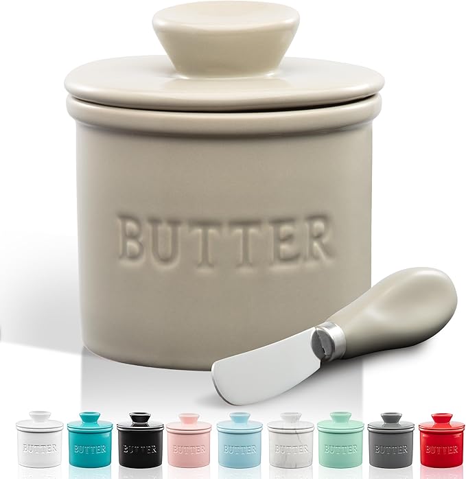 Zulay Kitchen Butter Crock With Lid & Spreader Knife for Countertop - Ceramic French Butter Dish Keeper For Fresh & Spreadable Butter - Stone Gray