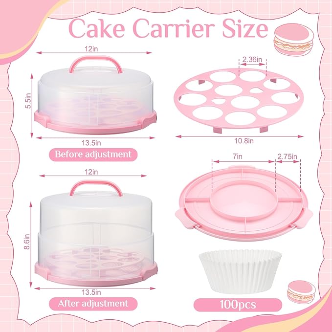 12 Inch Large Cake Carrier with Lid and Handle for 12" Round 7" High Cake Adjustable Plastic Pies Carrier Portable Cupcakes Transport Container for Cookies Pizza and More(Pink)