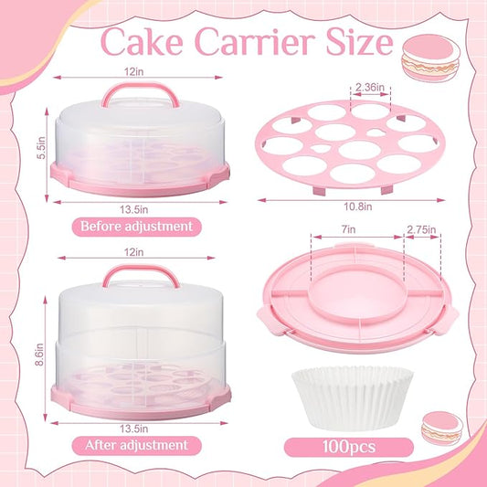 12 Inch Large Cake Carrier with Lid and Handle for 12" Round 7" High Cake Adjustable Plastic Pies Carrier Portable Cupcakes Transport Container for Cookies Pizza and More(Pink)