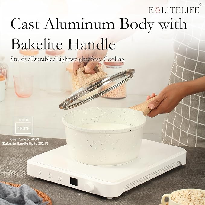 ESLITE LIFE Nonstick Sauce Pan with Lid, 2.5 QT Small Soup Pot Compatible with All Stovetops (Gas, Electric & Induction), PFOA Free, White