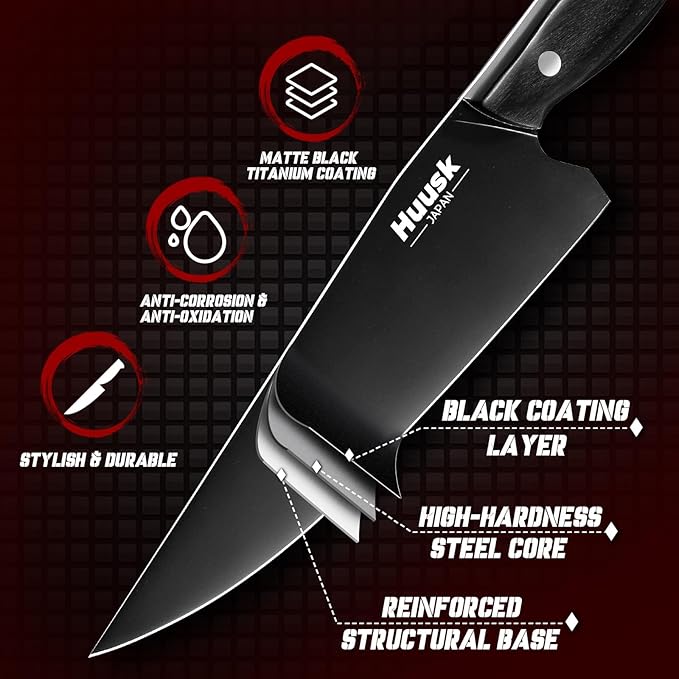 Huusk Japanese Chef Knife for Kitchen - 8in Stainless Kitchen Knife with Black Titanium Coating, All Purpose Cooking Knives for Vegetable & Meat Cutting, Ultra Sharp Gyuto Knives, Fathers' Day Gifts