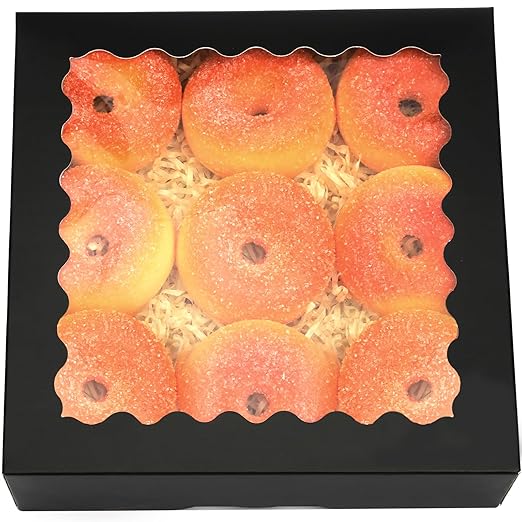 qiqee Auto-pop Up Black Pie Boxes with Window 10x10x2.5 inch 20Packs Cookie Donut Bakery Box