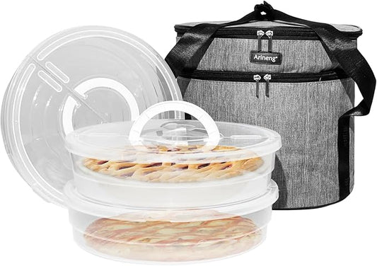 3 pack pie carrier with lid and handle,of insulated bag,pie carriers for transport,Holds 3 pies/Pizza,Thanksgiving Day (Grey, 3 pie carriers + insulated bag)