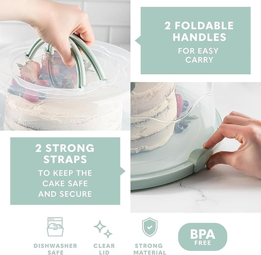 MosJos EXTRA LARGE Cake Carrier, Cake Stand with Lid and Foldable Handles - Multifunctional Serving Platter and Cake Plate - Cake Container with Dome and Strong Snaps 13 x 13 x 7 inch (Green)