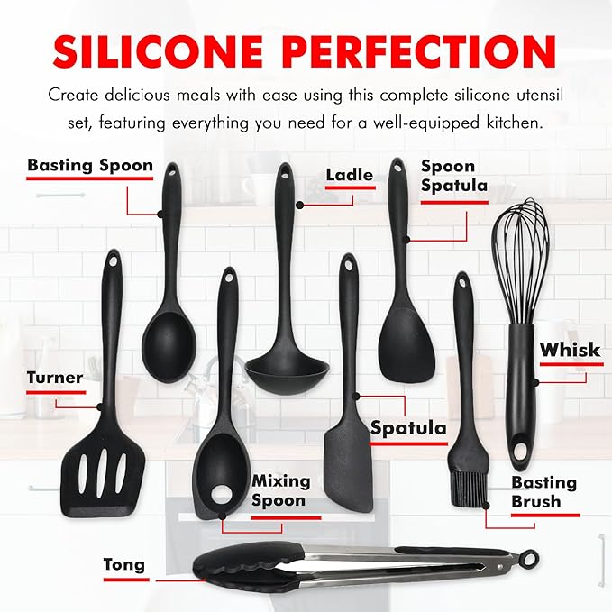 Chef Craft - Premium Silicone Kitchen Tools and Utensils Set, Non-Scratch, Withstands Temperatures up to 450°F, BPA-Free, 9 Piece Cooking Utensils Set, Black