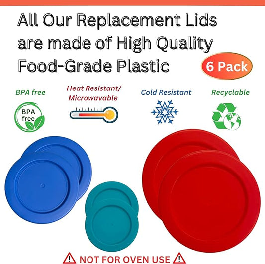 1, 2 & 4 Cup Turquoise, Blue, Red Replacement Lids/Covers for Pyrex, Anchor Hocking & KlareWare Storage Bowls *Lids Only Glass Container Not Included* (6 Pack *Two of Each Size*)