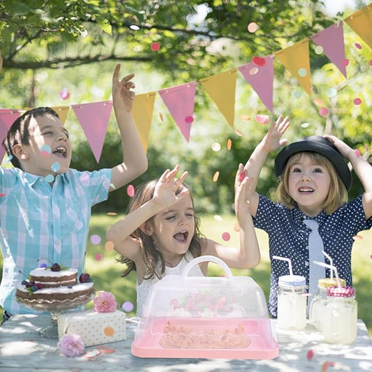 VICASKY 8'' Square Cake Box Portable Dessert carrier, plastic Bread with Handle, small Clear Packing Container for Transparent Carrier Lid Storage Desserts Handle-attached Server 8-inch Pink