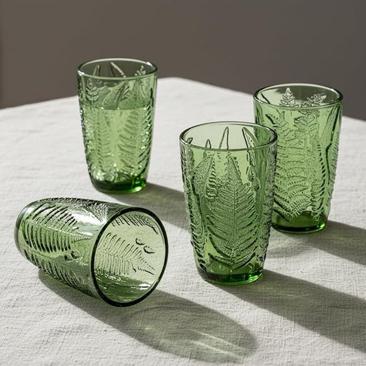 Green Drinking Glasses Set Of 4-12 Oz Hand Blown Vintage Drinking Glasses, Boho Aesthetic Antique Glassware, Colored Cute Glass Cups, Textured Highball Water Tumbler, Unique Retro Drinkware Gift