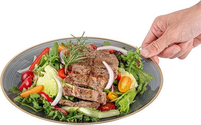 Restaurantware Plastic Plates 20 Pcs 10" Gold Rimmed Disposable Plates Heavy-Duty Black Translucent Rippled Plastic Dinner Servers for Party, Weddings, Salads, Desserts, and Appetizers