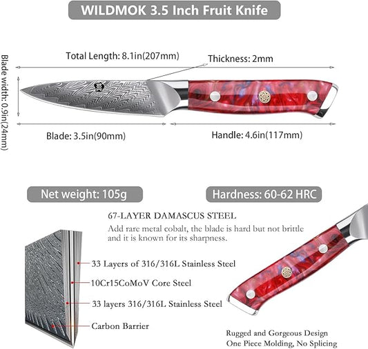 WILDMOK Damascus Paring knife, 3.5 inch sharp fruit Japanese 67 layer Damascus steel knife for carving and peeling knife, Resin handle with gift box