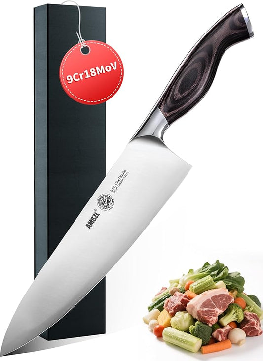 LOONG 8 inch Chef Knife, 9Cr18MoV High Carbon Steel Kitchen Knife, Ultra Sharp & Durable, Ergonomic Brown PakkaWood Handle