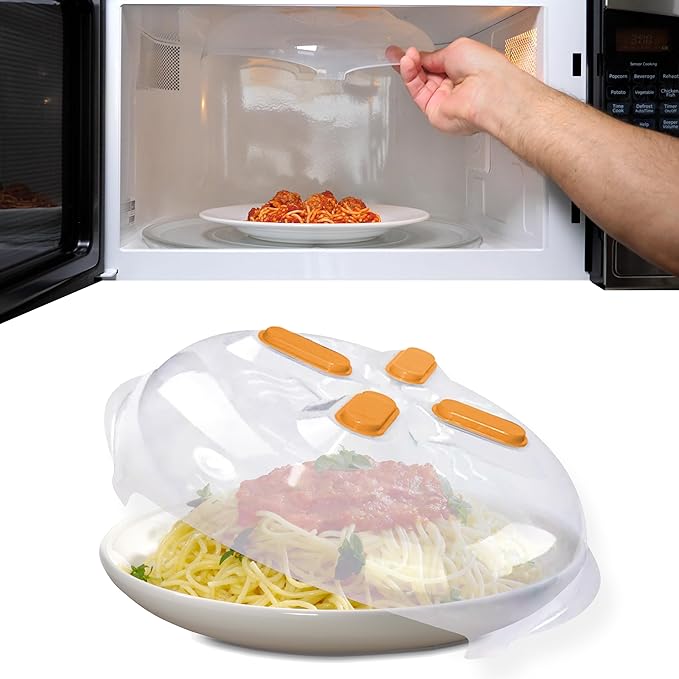 HOVER COVER Magnetic Microwave Cover for Food | Clear Microwave Splatter Cover | Microwave Plate Cover with Steam Vents | Food Grade Dish Cover | BPA-Free | Dishwasher Safe | Orange