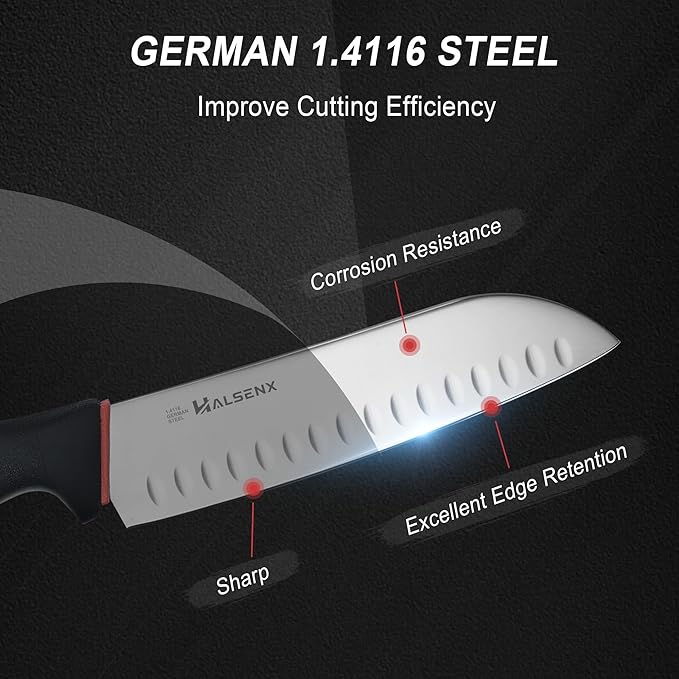 Santoku Knife 7 Inch With 1.4116 German Steel and Non-Slip Softgrip Handle, Razor-Sharp Stain Free Blade, Multi-Purpose Kitchen Knife for Vegetable Chopping, Precise Dicing, Meat Slicing