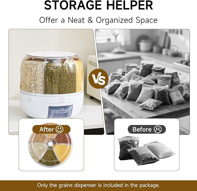 Rice Dispenser | 360° Rotating Grain Storage Bin - 6 Grids, 20LBS Large Capacity Food Container, Moisture-Proof, One-Click Output for Rice, Beans & Pet Food - Kitchen Pantry Organizer