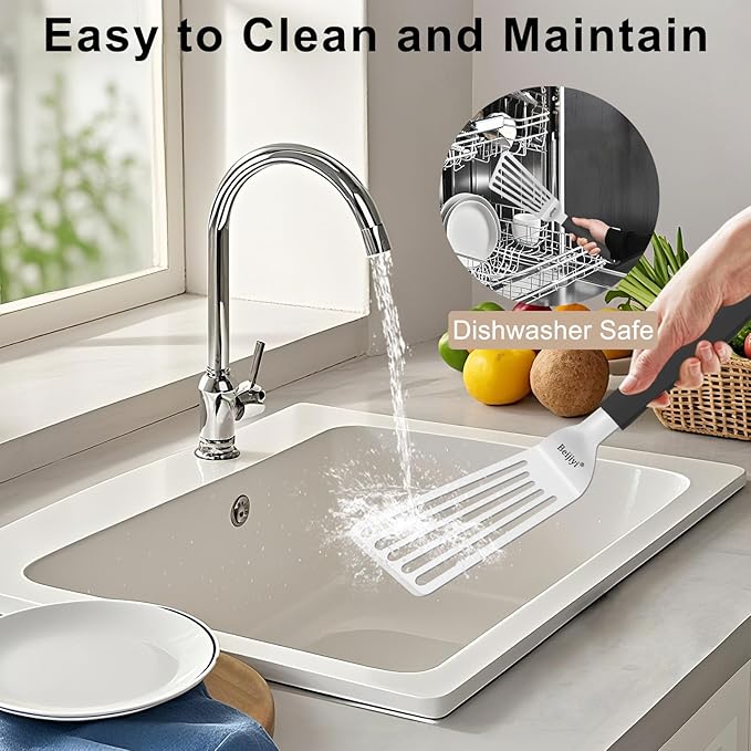 Beijiyi 11.3" Fish Spatula, Stainless Steel Slotted Spatula for Cooking Flipping Fish, Egg, Burger, Metal Kitchen Turner for Cast Iron Skillet with Silicone Handle, 1.2mm Thickened Blade