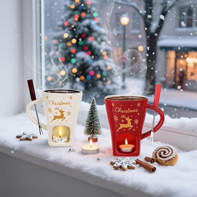 HANEVEAR 2 Pack Chocolate Fondue Mug, Mini Chocolate Melting Mug with 4 Forks and 4 Tealights, Ceramic Fondue Cup with Festive Holiday Pattern for Cheese, Butter - Birthday, Christmas, Wedding Gift