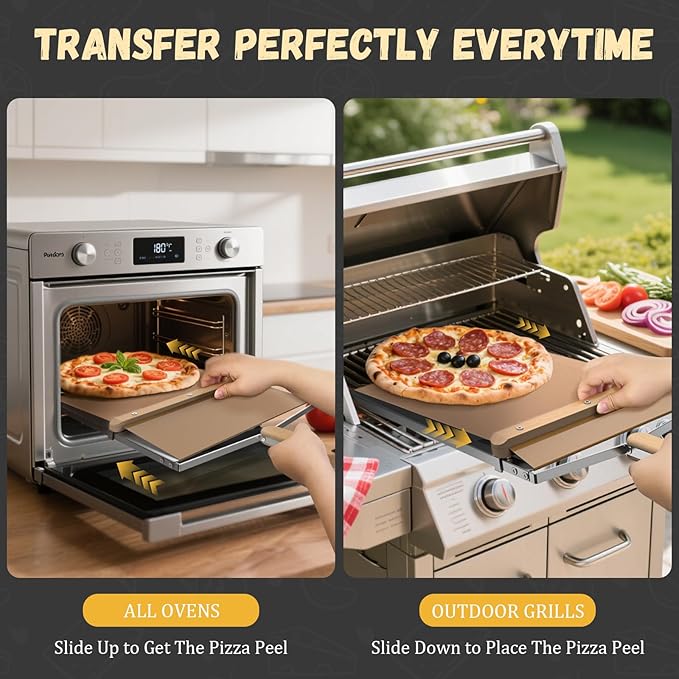 Sliding Pizza Peel, large Pizza Peel Metal Sliding Tray 16” X 13” Making 10-14 Inch, 304 Stainless Steel Metal Premium Pizza Board with Solid Wood Handle, and Pizza Cutter Wheel