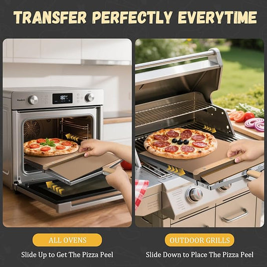 Sliding Pizza Peel, large Pizza Peel Metal Sliding Tray 16” X 13” Making 10-14 Inch, 304 Stainless Steel Metal Premium Pizza Board with Solid Wood Handle, and Pizza Cutter Wheel
