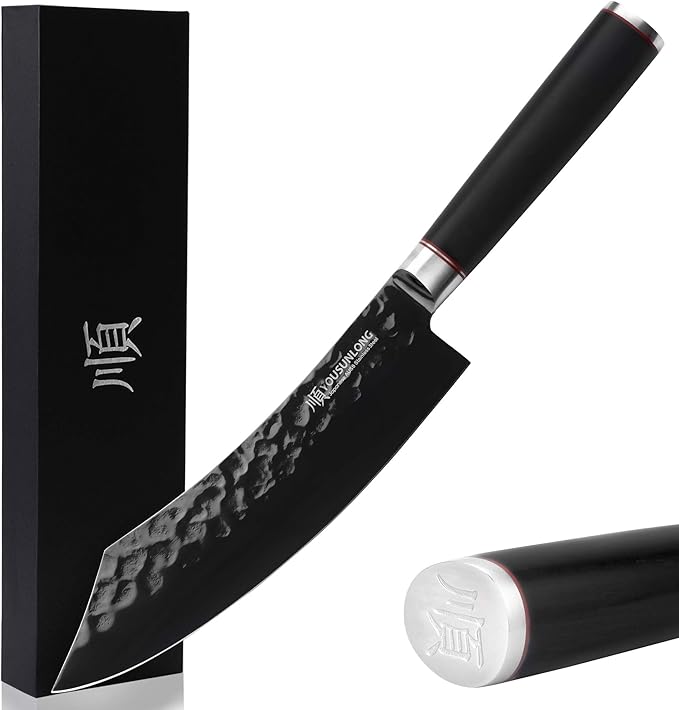 YOUSUNLONG Butcher Knife - 8 Inch Meat cleaver - Japanese AUS8 Black Titanium Nitride Coated Steel - Super Sharp - Natural Ebony Handle