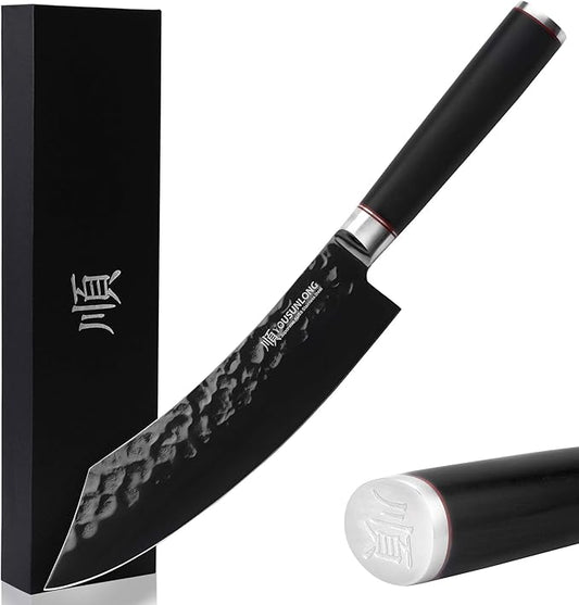 YOUSUNLONG Butcher Knife - 8 Inch Meat cleaver - Japanese AUS8 Black Titanium Nitride Coated Steel - Super Sharp - Natural Ebony Handle