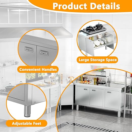 WWK 47" x 21" Stainless Steel Prep Table with Cabinet, Commercial Kitchen Table for Prep & Work, Heavy Duty Work Table with 3 Doors for Kitchen, Restaurant, Hotel, Garage and Cafe