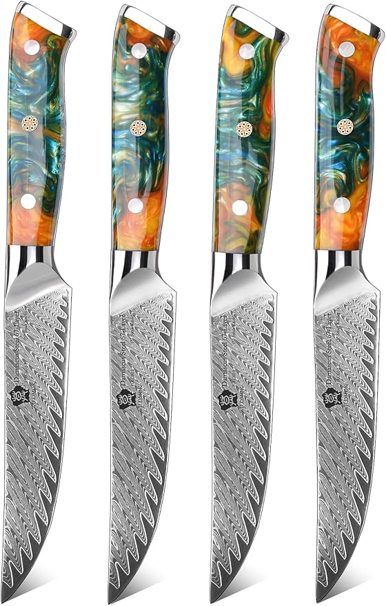 WILDMOK Steak Knives, 5 inch Non Serrated Steak Knife Set of 4, Japanese Damascus VG10 Steel Steak Knives,Premium Steak Knives Set with Gift Box