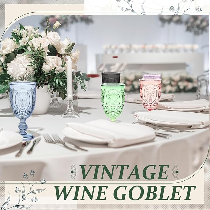6 Pcs Plastic Goblets 7.5oz Vintage Goblet Plastic Wine Glasses Colored Retro Embossed Water Goblets for Wine Bar Juice Baby Shower Wedding Reception Grand Event Party (Multicolor)