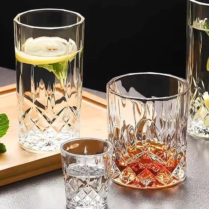 Drinking Glasses, Crystal Glass Cups, Mixed Glassware Set, Crystal Old Fashioned 11oz Highballs and 11oz Whiskey Glasses, Great for Cocktail, Whisky and other Beverages (Style 2,Set of 4)